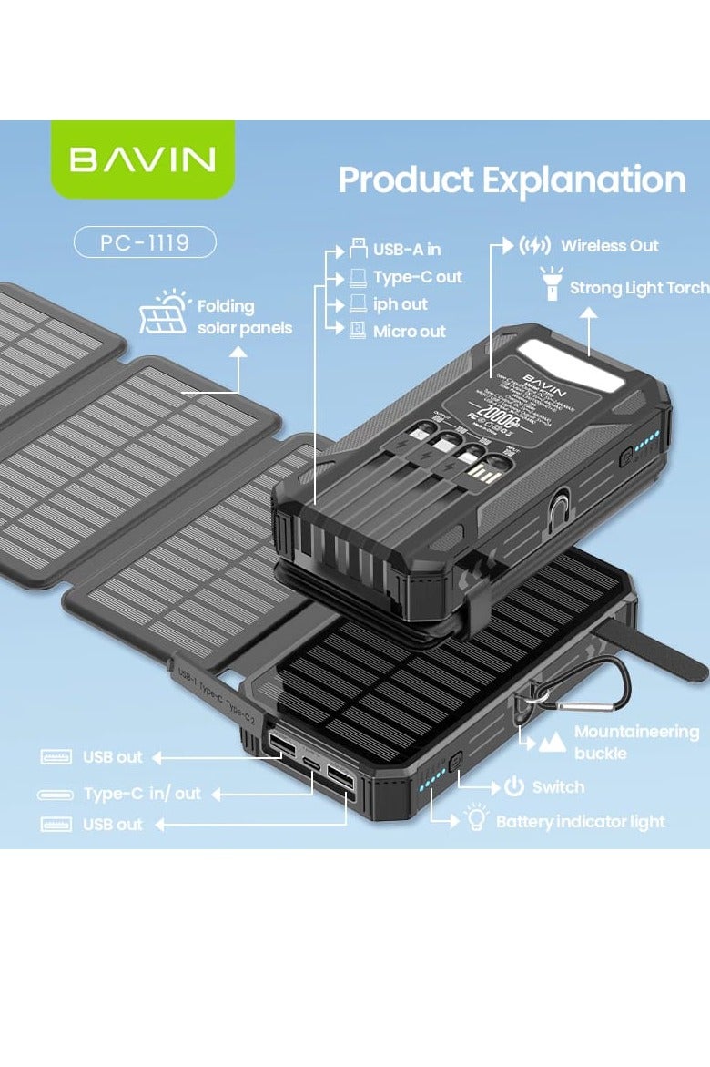 Bavin 20000mAh Solar Power Bank with 4 Foldable Solar Panels Built-in LED Light and 4 Built-in Charging Cables and 7 Output Ports Waterproof Suitable for Travel and Camping - Image 4