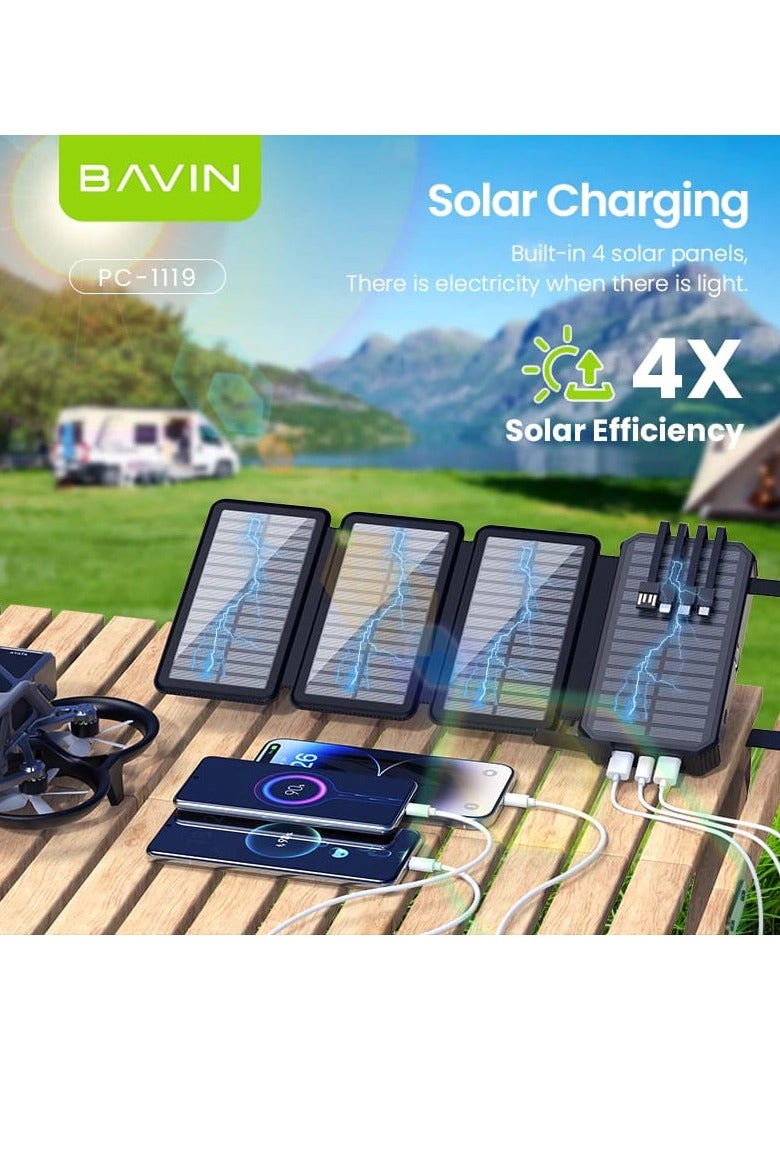 Bavin 20000mAh Solar Power Bank with 4 Foldable Solar Panels Built-in LED Light and 4 Built-in Charging Cables and 7 Output Ports Waterproof Suitable for Travel and Camping - Image 5