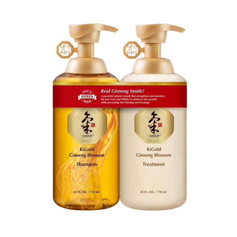 Daeng Gi Meo Ri - Ki Gold Ginseng Blossom Shampoo & Treatment Set, Real Ginseng Inside, Herbal Shampoo, Hair Growth, Preventing Hair Loss, 710ml each - Image 1