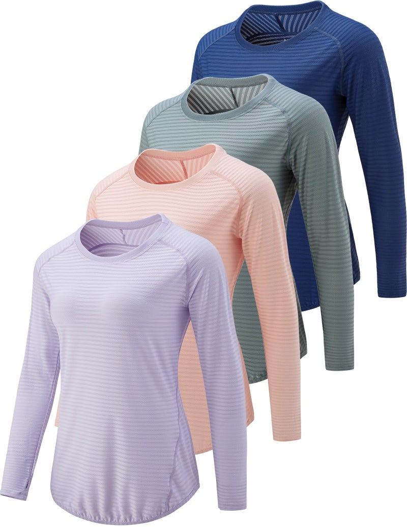 4Pack Womens Long Sleeve Athletic Tops with Thumb Holes Dry Fit Active Crewneck Workout Tees Set 6 XXLarge