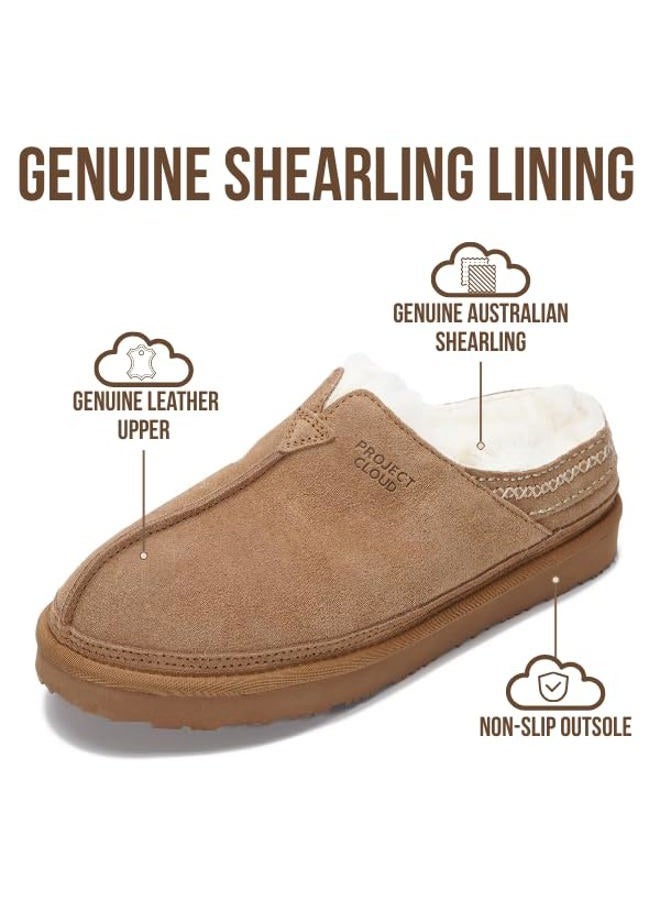 Project Cloud Mens Slippers 100% Genuine Leather & Australian Shearling Lining Furry House Slippers for Men with Memory Foam Insole - Lightweight and Non-Slip Mens Shoes (Unwind), Chestnut Suede, 11.5 - Image 2