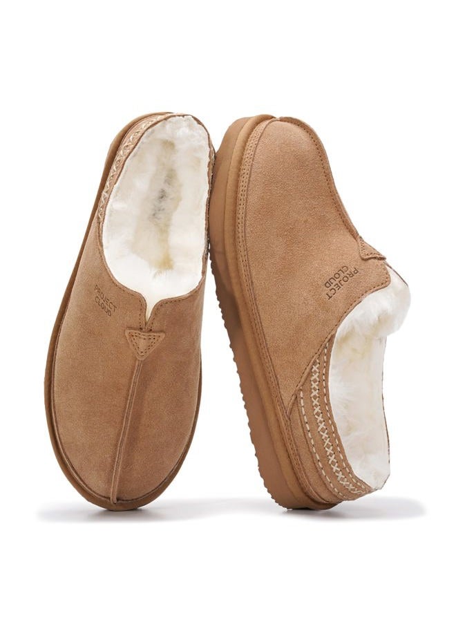 Project Cloud Mens Slippers 100% Genuine Leather & Australian Shearling Lining Furry House Slippers for Men with Memory Foam Insole - Lightweight and Non-Slip Mens Shoes (Unwind), Chestnut Suede, 11.5 - Image 1