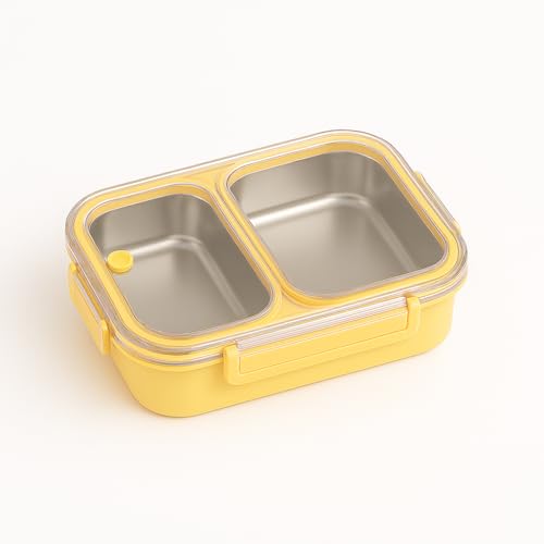 KitchEase Stainless Steel Lunch Box for Office, School & Travel | Leakproof, BPA-Free, Airtight Lid | Microwave Safe (Without Lid) & Dishwasher Safe (Yellow, 2 Compartment) - Image 1