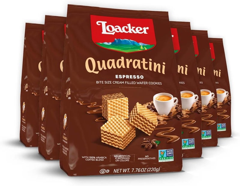 Loacker بسكويت لوكر كوادراتيني إسبريسو - عبوة كبيرة من 6 مع 30% سكر أقل - مكافآت مقرمشة بحجم لقمة مميزة - Image 1
