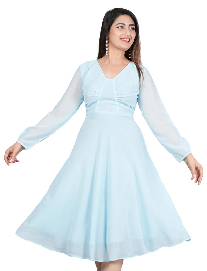 Yash Gallery Women’s Georgette Fit & Flare Midi Dress with Sheer Long Sleeves, Ruched Bust & V-Neck – Ice Blue - Image 1