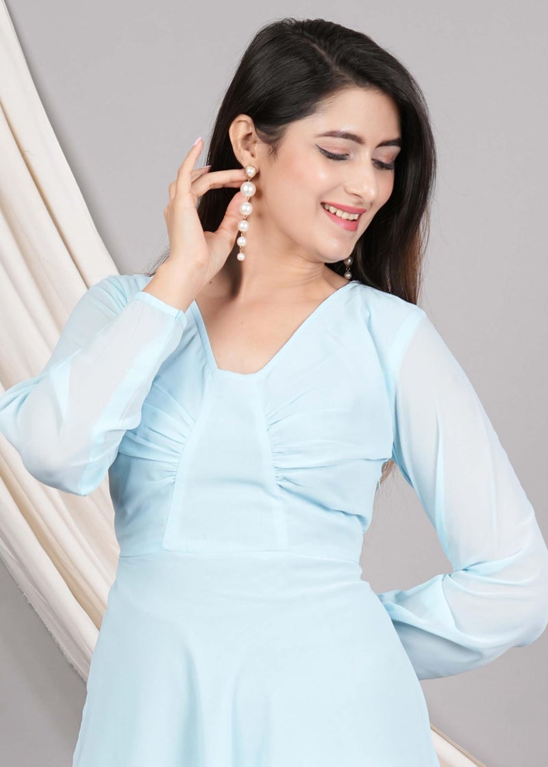 Yash Gallery Women’s Georgette Fit & Flare Midi Dress with Sheer Long Sleeves, Ruched Bust & V-Neck – Ice Blue - Image 5