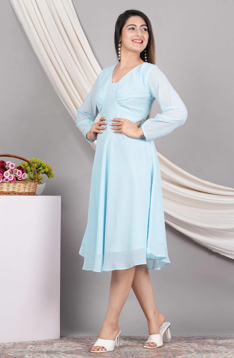 Yash Gallery Women’s Georgette Fit & Flare Midi Dress with Sheer Long Sleeves, Ruched Bust & V-Neck – Ice Blue - Image 2