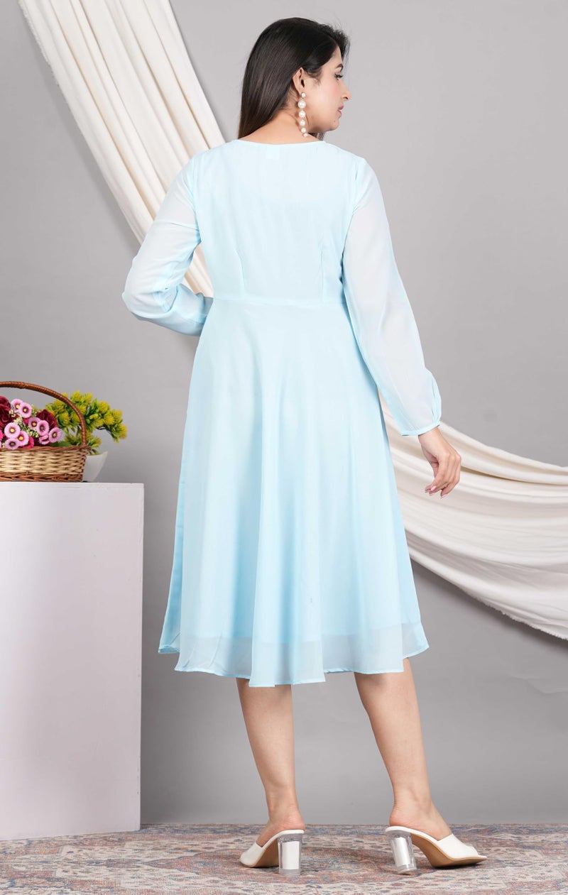 Yash Gallery Women’s Georgette Fit & Flare Midi Dress with Sheer Long Sleeves, Ruched Bust & V-Neck – Ice Blue - Image 4