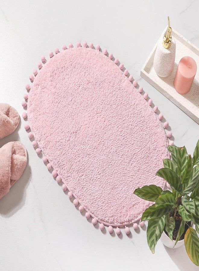 YIRDDEO Bath Mat Pink Rug with Pom Oval Bathroom Rugs for Bedroom Non Slip Cute Boho Absorbent Mats Soft Plush Washable Rug (20 x 30 inches) - Image 1