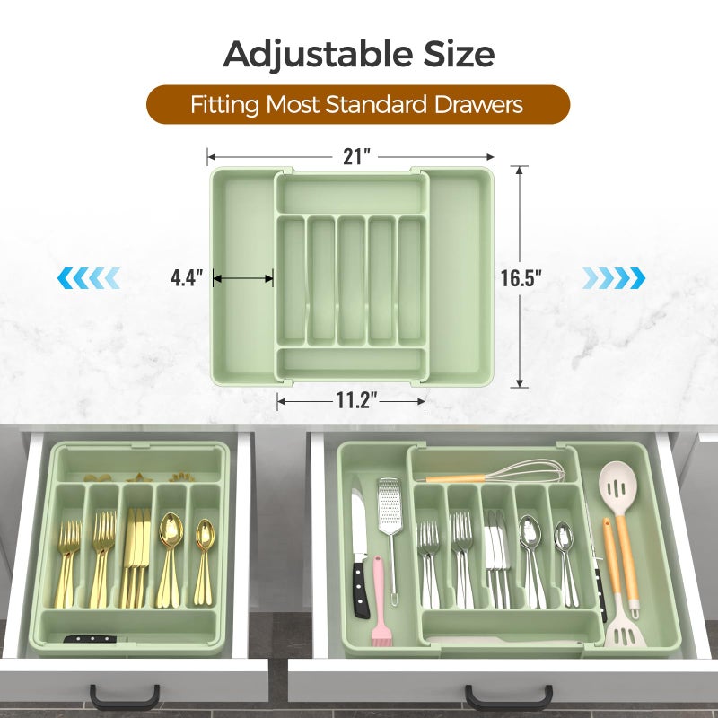 ukeetap Extra Large Expandable Silverware Organizer, BPA-Free Food-Safe Cutlery Flatware Organizer, Kitchen Utensil Drawer Organizer, Adjustable Silverware Holder for Spoons Forks Knives, Green - Image 3