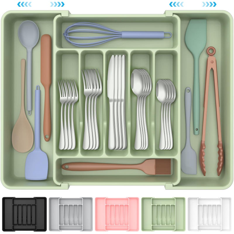 ukeetap Extra Large Expandable Silverware Organizer, BPA-Free Food-Safe Cutlery Flatware Organizer, Kitchen Utensil Drawer Organizer, Adjustable Silverware Holder for Spoons Forks Knives, Green - Image 1