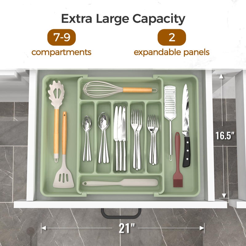 ukeetap Extra Large Expandable Silverware Organizer, BPA-Free Food-Safe Cutlery Flatware Organizer, Kitchen Utensil Drawer Organizer, Adjustable Silverware Holder for Spoons Forks Knives, Green - Image 2