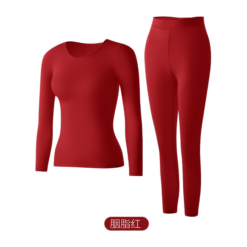 Explosions Beautiful Autumn Skin Winter Clothes High Elastic Abdominal Moisturizing Moisturizing Ultra-thin Base Thermal Underwear Top suit Women Red (set)  - Image 1