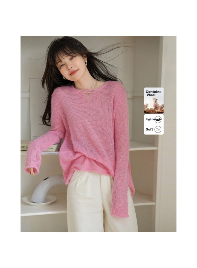 Mt Autumn Lazy French V-neck Sweater With Wool, Slimming Knit Top For Wome - Image 1