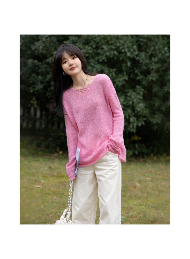 Mt Autumn Lazy French V-neck Sweater With Wool, Slimming Knit Top For Wome - Image 3