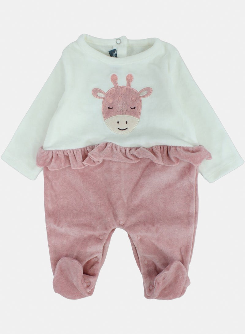 Baby Girls Velvet Footie – Off-White & Dusty Pink with Giraffe Embroidery