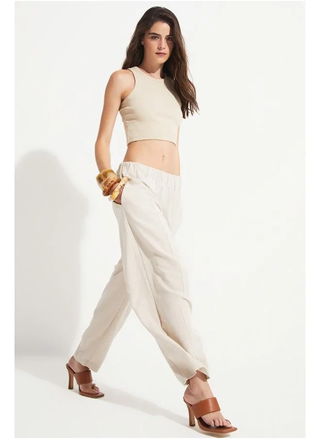 جون June Cotton Blend Elastic Waist Trouser Stone