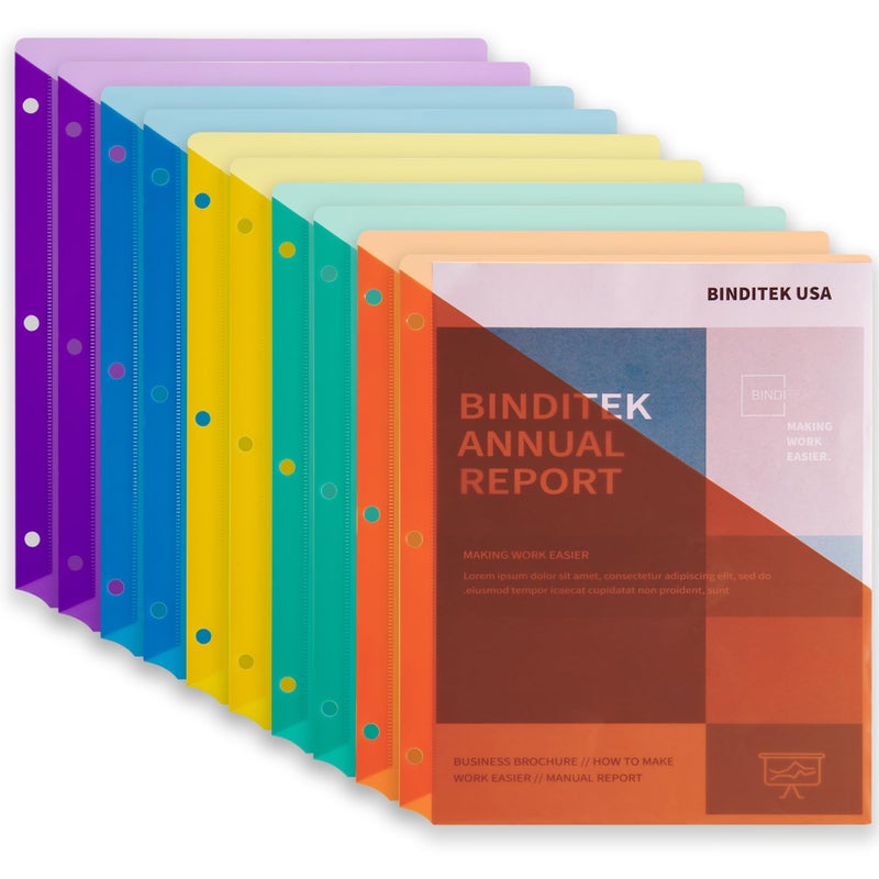 Binditek 10 Pack Poly Slash File Jackets for 3 Ring Binder, 3-Hole Punched Binder Pockets Organizer, Letter Size, 5 Assorted Colors, for Students and Coworkers - Image 1