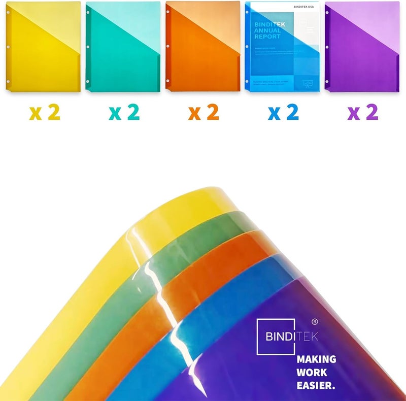 Binditek 10 Pack Poly Slash File Jackets for 3 Ring Binder, 3-Hole Punched Binder Pockets Organizer, Letter Size, 5 Assorted Colors, for Students and Coworkers - Image 3