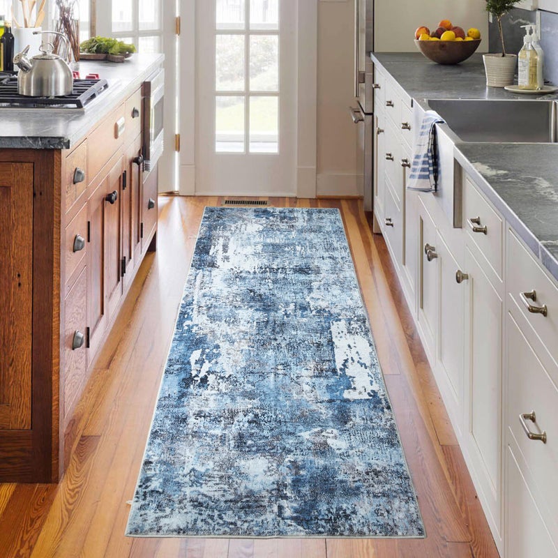 Rugcomf Runner Rug 26x8 Hallway Washable Boho Soft Area Rug Abstract Pattern NonSlip Faux Wool Vintage for Kitchen Entryway Laundry Bedroom Blue