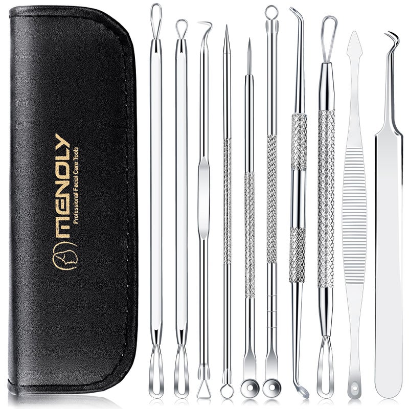 MENOLY Pimple Popper Tool Kit 10 Pcs Blackhead Remover Tool Zit Popper for Blemish, Pimple Comedone Extractor Acne Tool for Blackheads, Acnes, Whiteheads Nose Face with Leather Bag - Image 1