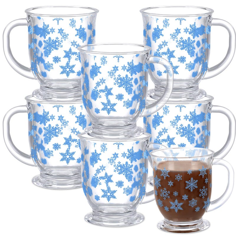 Sliner 6 Pcs Blue Snowflake Mugs Winter Glass Mug Coffee Mug with Handle 15 oz Winter Holiday Clear Cups for Chocolate Cocoa Women Men Christmas Gift - Image 1