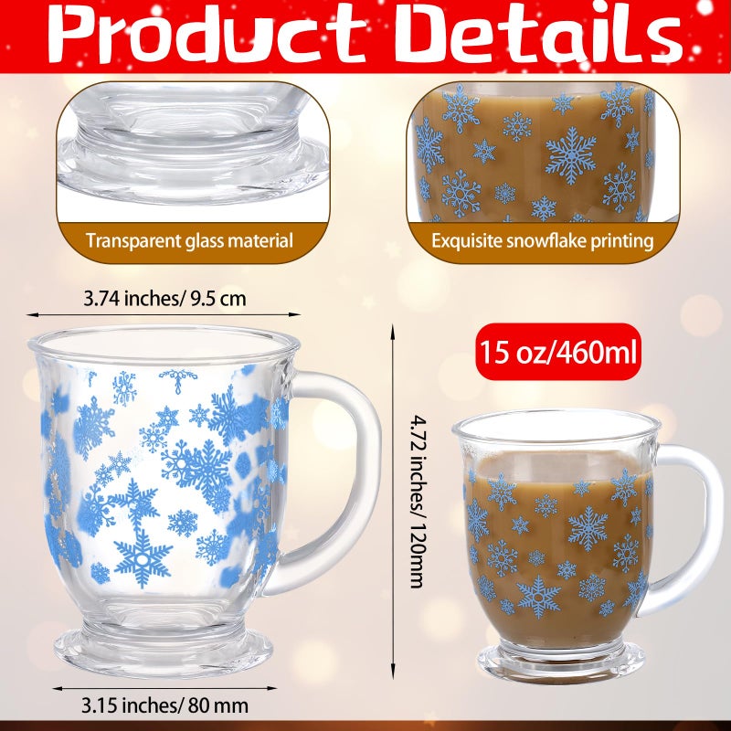 Sliner 6 Pcs Blue Snowflake Mugs Winter Glass Mug Coffee Mug with Handle 15 oz Winter Holiday Clear Cups for Chocolate Cocoa Women Men Christmas Gift - Image 2