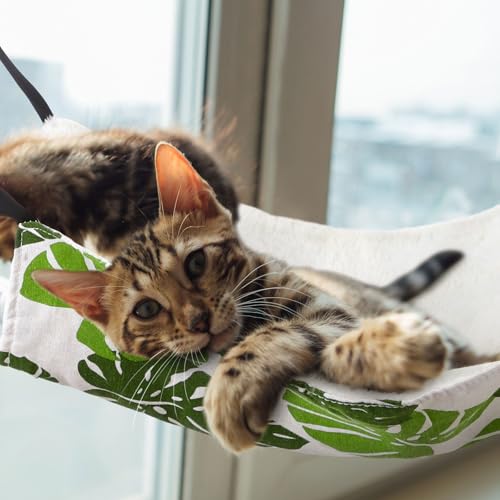 Jetec 2 Pack Cat Hammock for Cage Catio Accessories Reversible Soft Cats Bed with Adjustable Straps and Hooks DoubleSided Linen and Fleece Hanging Hammock for Cats KittenMonstera LeafL - Image 3