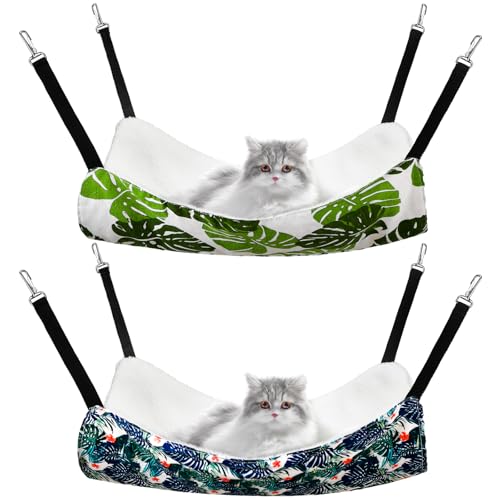Jetec 2 Pack Cat Hammock for Cage Catio Accessories Reversible Soft Cats Bed with Adjustable Straps and Hooks DoubleSided Linen and Fleece Hanging Hammock for Cats KittenMonstera LeafL - Image 1