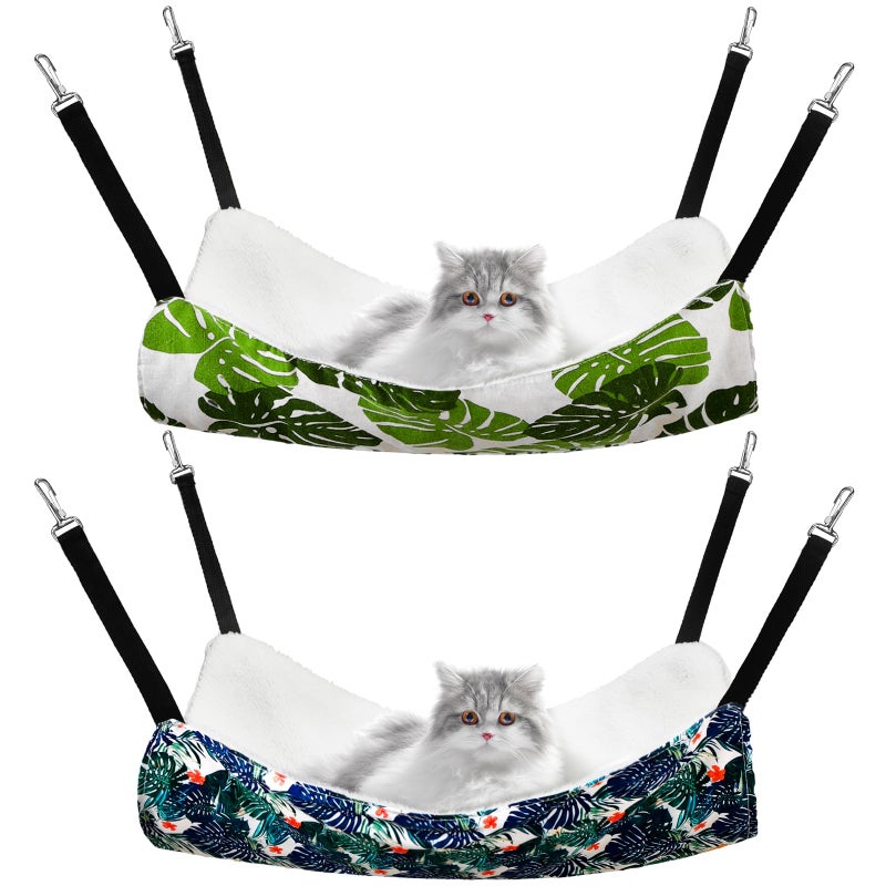 Jetec 2 Pack Cat Hammock for Cage Catio Accessories Reversible Soft Cats Bed with Adjustable Straps and Hooks DoubleSided Linen and Fleece Hanging Hammock for Cats KittenMonstera LeafL - Image 2