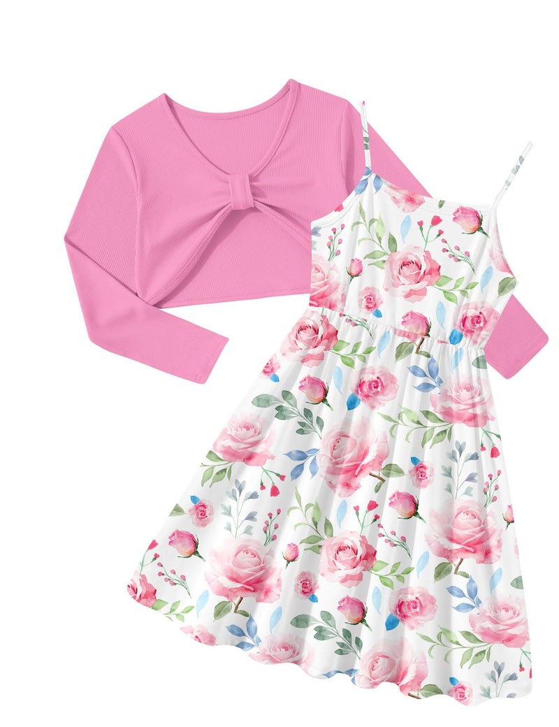 Kimoda Girls 2 Piece Outfits Pink Floral Cute Dresses 5-6 Kids Winter Holiday Dress Set Graduation Outfit for Girls 6 Year Old Girl Clothes - Image 1
