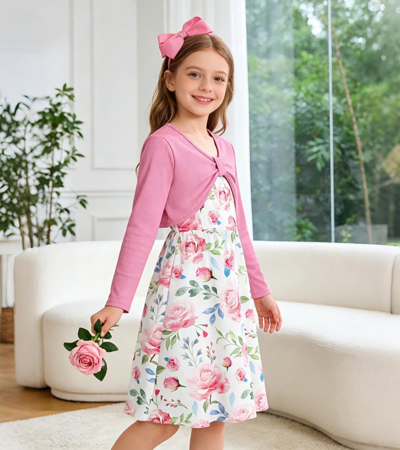 Kimoda Girls 2 Piece Outfits Pink Floral Cute Dresses 5-6 Kids Winter Holiday Dress Set Graduation Outfit for Girls 6 Year Old Girl Clothes - Image 3