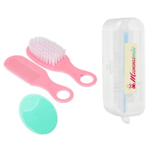 MUMMAMIA Baby Comb & Hair-Brush with Soft Silicone Cradle Cap Brush - Comes in a Travel Case (Pink) - Image 1