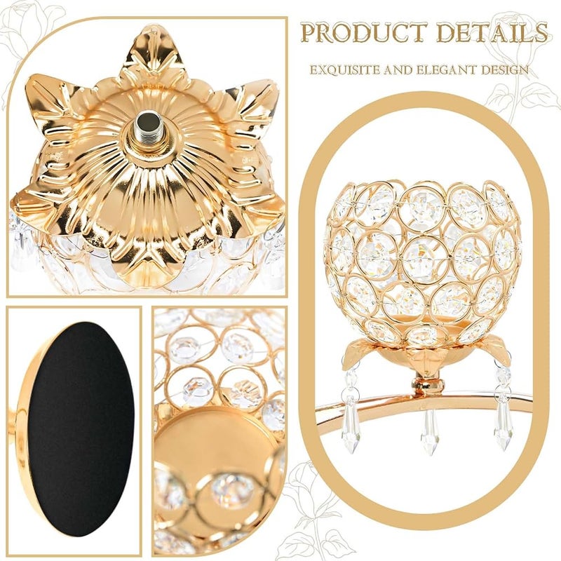 kehail Set of 3 Gold Crystal Tea Light Candlestick Holders Flower Shape with Crystal Pendant Bowl Votive Metal Candle Holder for Table Centerpieces Wedding Home Decor (Set of 3, Gold) - Image 3