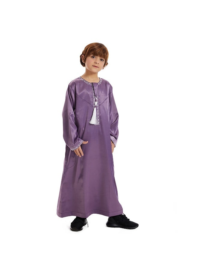 نيبمينينت فستان إسلامي للصبية ياقة دائرية - ثوب مسلم طويل الأكمام للشباب مع تطريز وجيوب  - Image 1