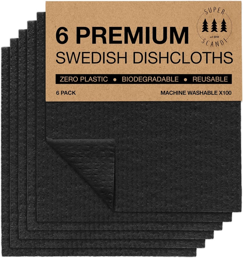 سوبر سكاندي حزمة من 6 مناديل تنظيف من SUPERSCANDI - مناديل قابلة للتحلل البيولوجي والتسميد بنسبة 100%، قابلة لإعادة الاستخدام، آمنة للطعام وخالية من البلاستيك، لون أسود - Image 1
