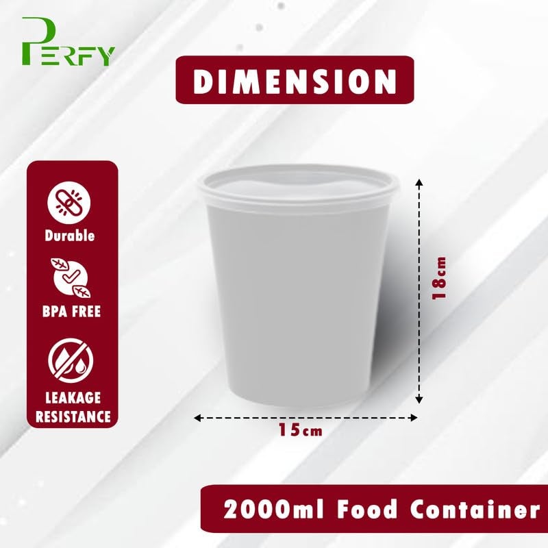 Perfy 2000ml Round Reusable Plastic Food Storage Containers With Lids 10PackMicrowave SafeIdeal For Kitchen StorageFood PackingWhite - Image 3