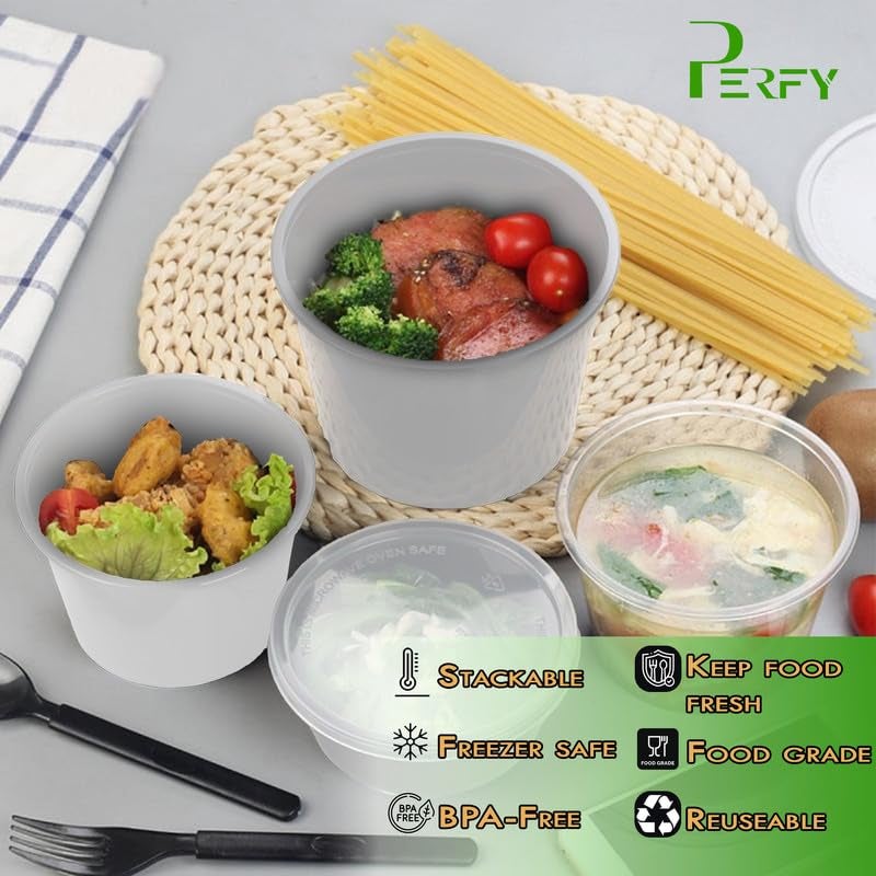 Perfy 2000ml Round Reusable Plastic Food Storage Containers With Lids 10PackMicrowave SafeIdeal For Kitchen StorageFood PackingWhite - Image 4