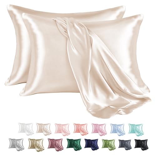 MR&HM Satin Pillowcase for Hair and Skin, Silk Satin Pillowcase 2 Pack, Queen Size Pillow Cases Set of 2, Silky Pillow Cover with Envelope Closure (20x30, Beige) - Image 1