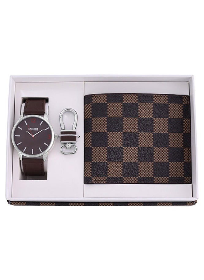 ANDIAMO Men's Analog Silver Case Brown Dial Brown Leather Strap, Leather Wallet, Key Chain 