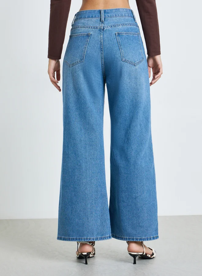 Styli Medium Blue Blue Mid Rise Wide Leg Jeans for Women | Best Price UAE