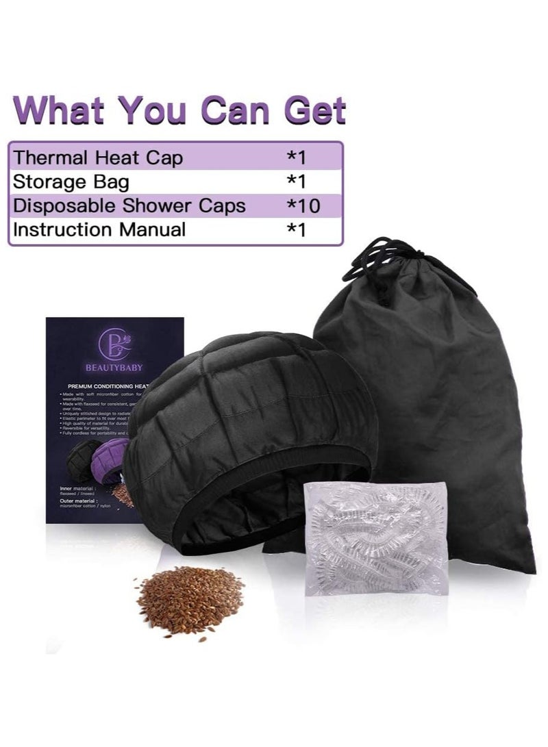Cordless Deep Conditioning Heat Cap, Microwavable Treatment Steaming Heat Cap for Thermal Spa Curly Hair, 100% Natural Cotton Flaxseed Seed Interior (Black) - Image 4