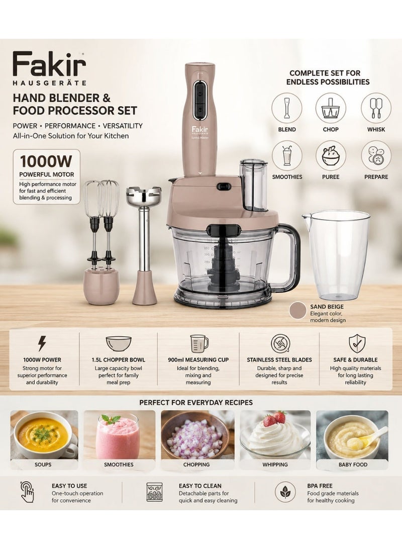 Fakir Hand Blender and Food Processor Set, 1000W, 1.5L Chopper Bowl, 900ml Measuring Cup, Multi-Function Immersion Blender for Blending, Chopping, Mixing and Pureeing - Image 2