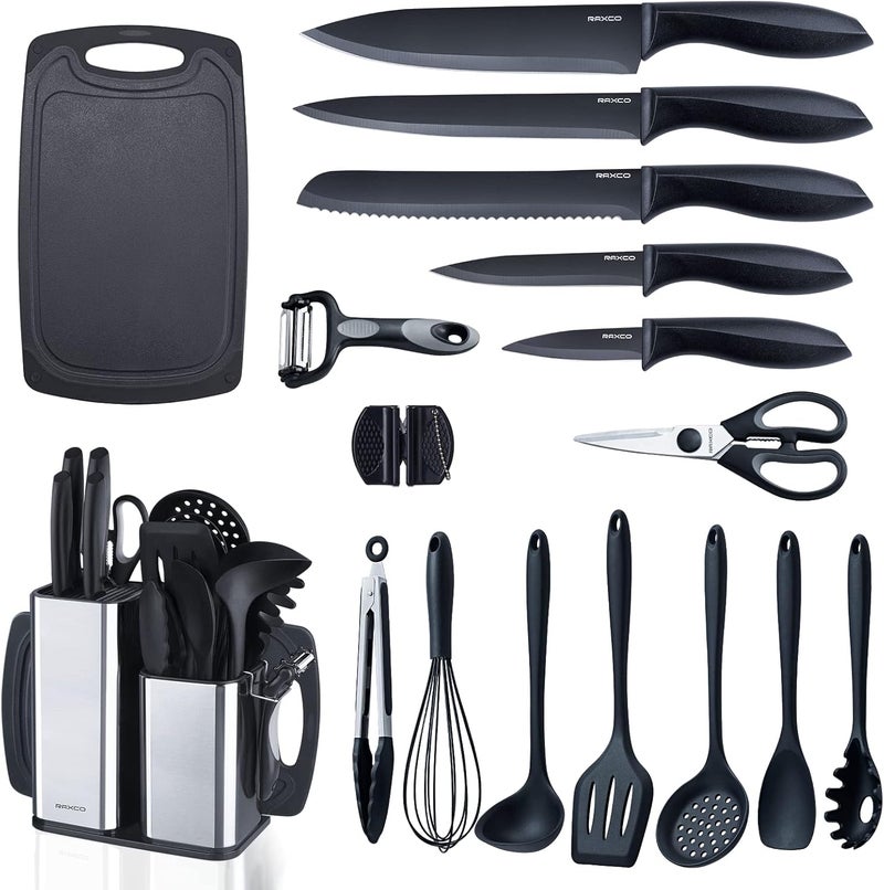 RAXCO Kitchen Utensils Set,18-Piece Cooking Tools and Sharp Knives,Stainless Steel Holder and Cutting Board - Image 1