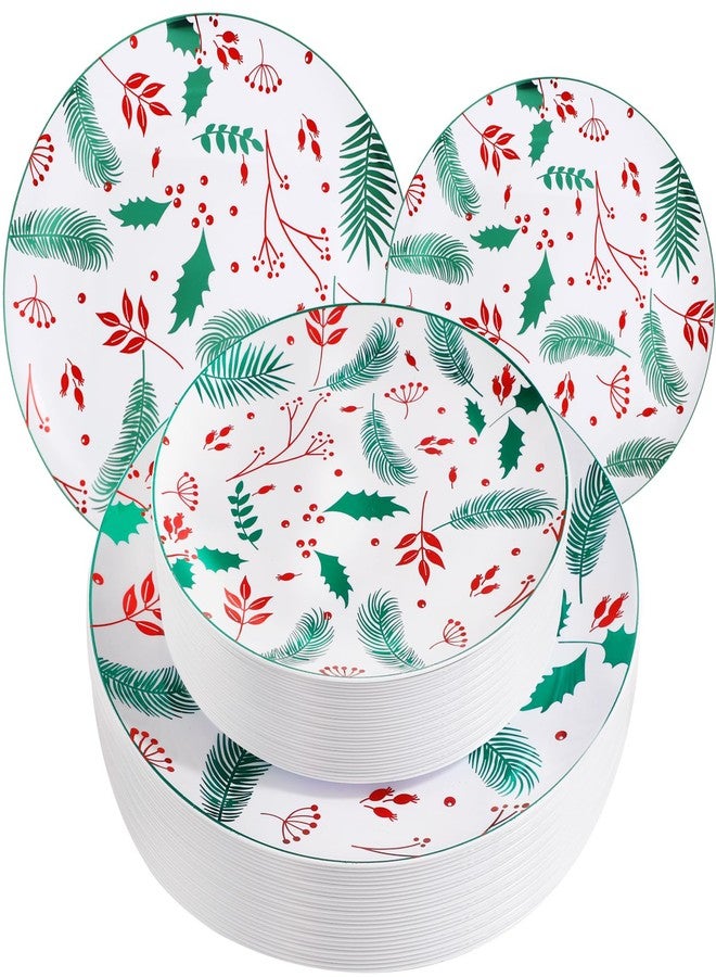 NOCCUR 60PCS Christmas Disposable Plates - Green & Red Plastic Dinner Plates, 30 Dinner & 30 Salad Plates - Pine Needle & Berry Design, Heavy Duty for Holiday Parties - Image 1