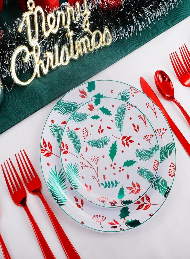 NOCCUR 60PCS Christmas Disposable Plates - Green & Red Plastic Dinner Plates, 30 Dinner & 30 Salad Plates - Pine Needle & Berry Design, Heavy Duty for Holiday Parties - Image 4