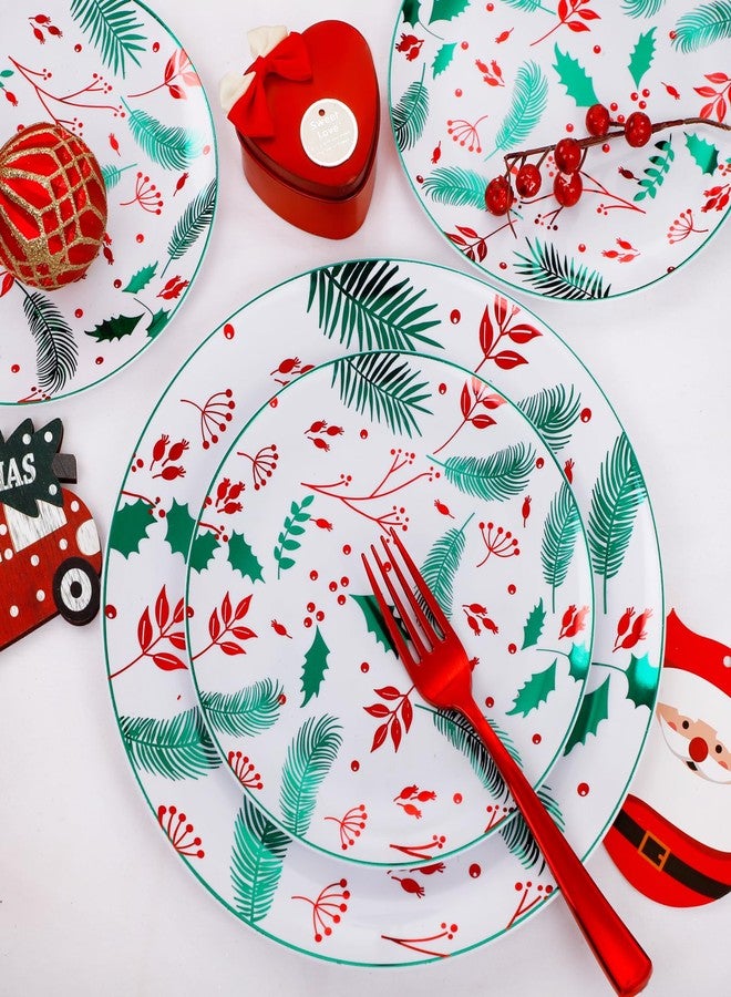 NOCCUR 60PCS Christmas Disposable Plates - Green & Red Plastic Dinner Plates, 30 Dinner & 30 Salad Plates - Pine Needle & Berry Design, Heavy Duty for Holiday Parties - Image 5