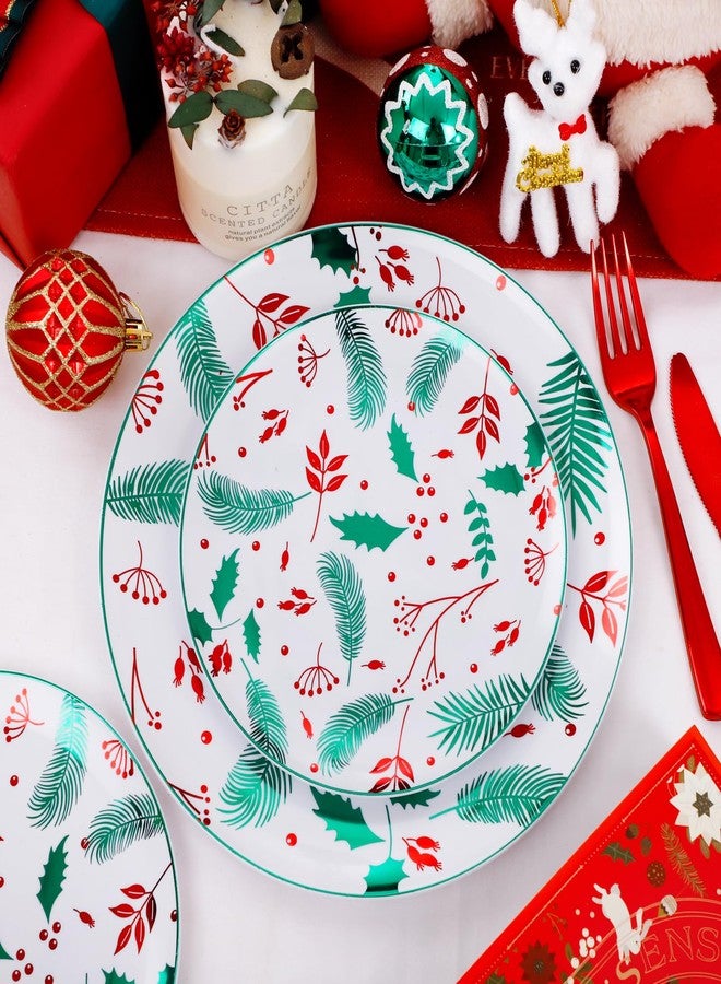 NOCCUR 60PCS Christmas Disposable Plates - Green & Red Plastic Dinner Plates, 30 Dinner & 30 Salad Plates - Pine Needle & Berry Design, Heavy Duty for Holiday Parties - Image 3