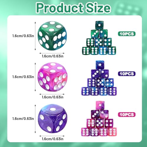 YBEATY 30 PCS Dice Set Acrylic Polyhedral Dice 16mm Colored Game Dices Six Sided 3 Color Pink Blue Purple Dices for Table Games Board Games Math Learning Classroom Playing Rolling Parties - Image 5