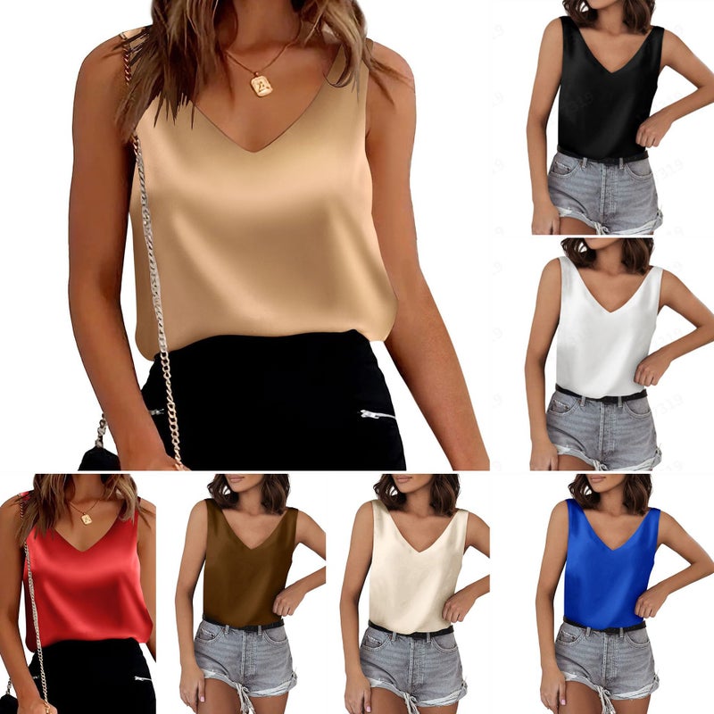 Women's Sleeveless Satin V-Neck Loose Solid Camisole - Image 2